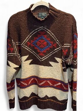 Rare Vintage Lauren Ralph Lauren Hand Knit Southwestern Linen Cotton Sweater L